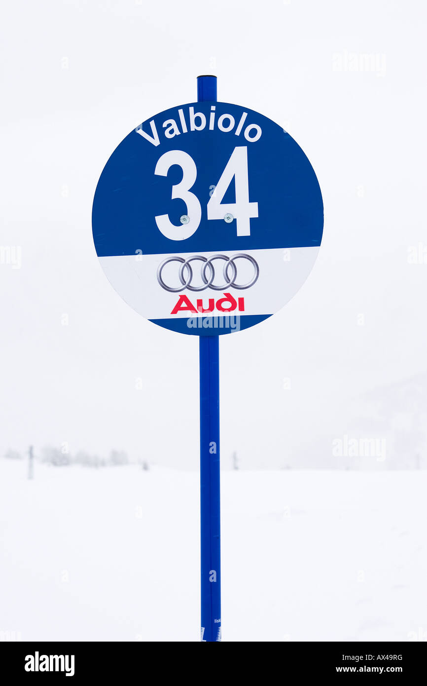 Piste marker for Valbiolo blue run Passo del Tonale Stock Photo