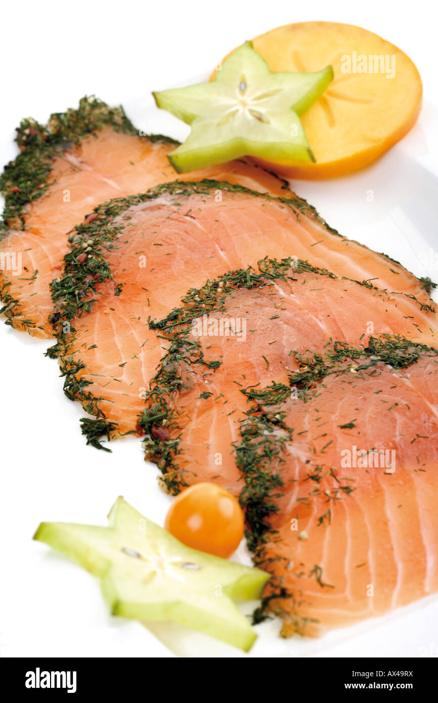 Salmon slices with dill, elevated view Stock Photo