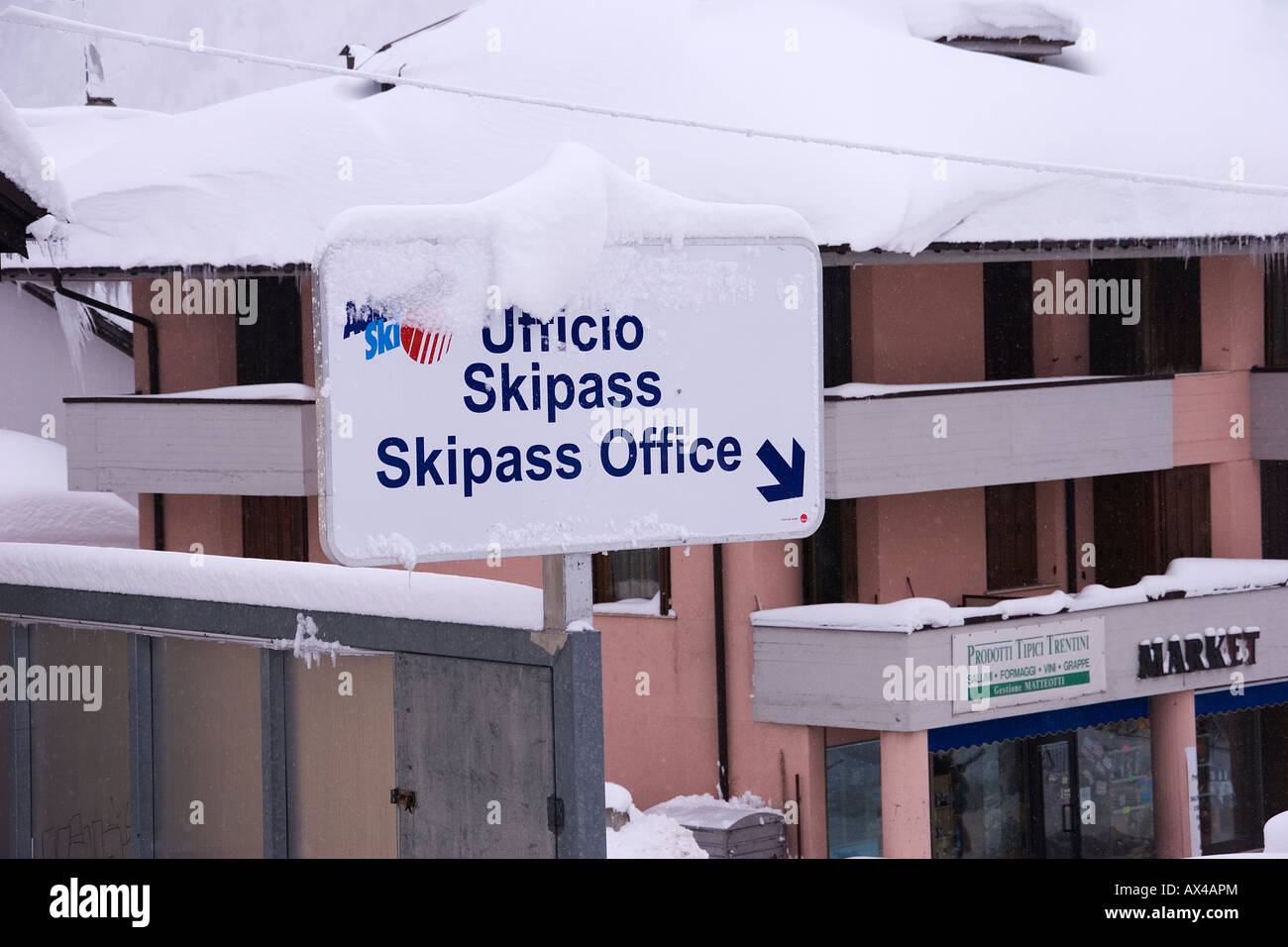 Ski pass office sign Passo del Tonale Stock Photo
