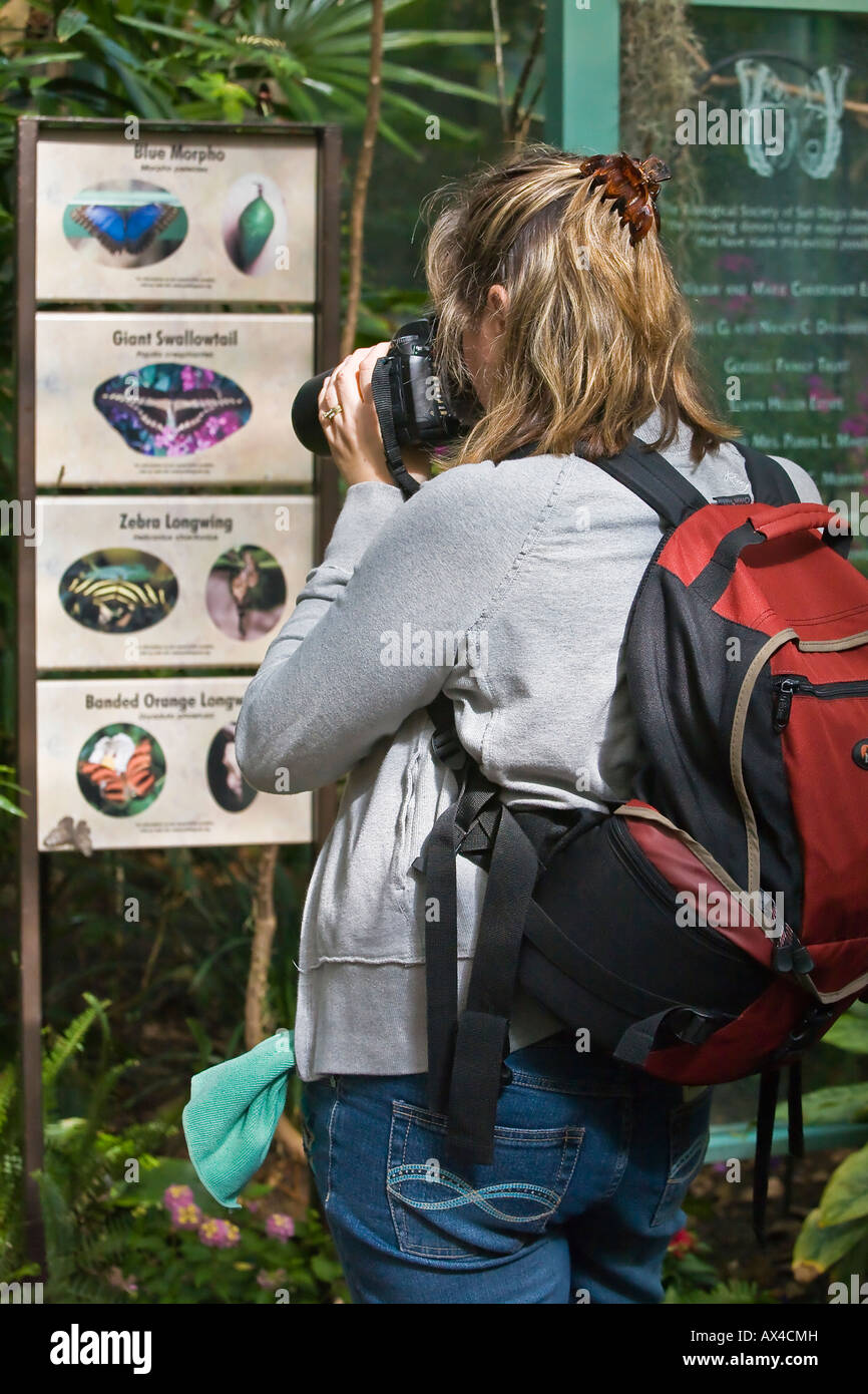 Woman taking picture of butterfly description sign at annual San Diego