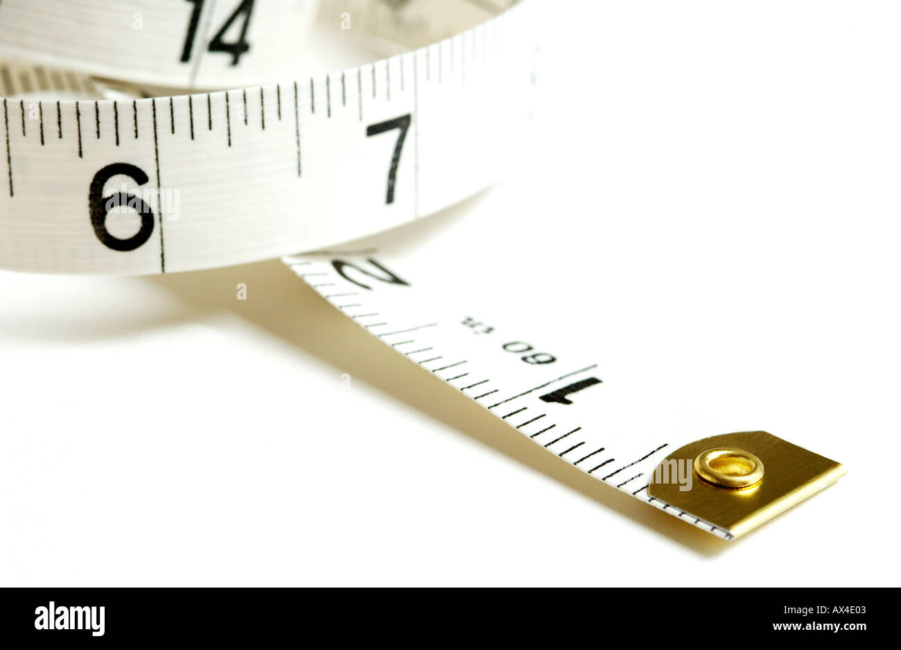 Close up of Tape measure on white background health concept Stock Photo