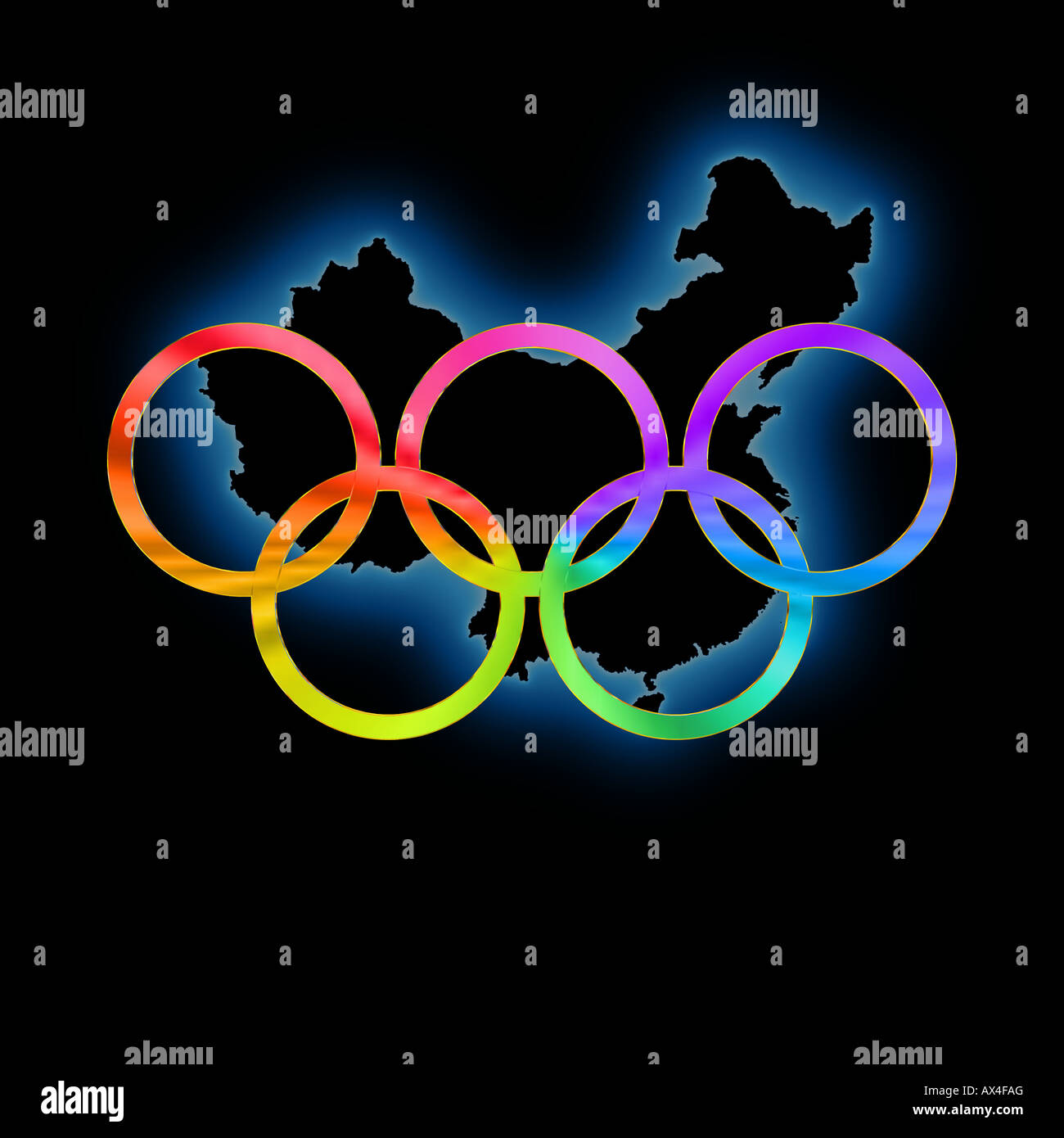 Olympic Rings In Bright Colors Against Black Background And Subtle Outlines Of China Stock Photo Alamy