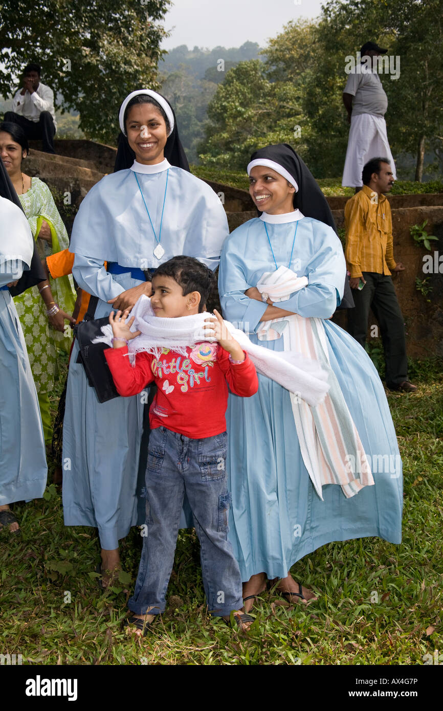 Two nuns and a young girl, on a day out, Periyar Wildlife Sanctuary, Thekkady, near Kumily, Kerala, India Stock Photo