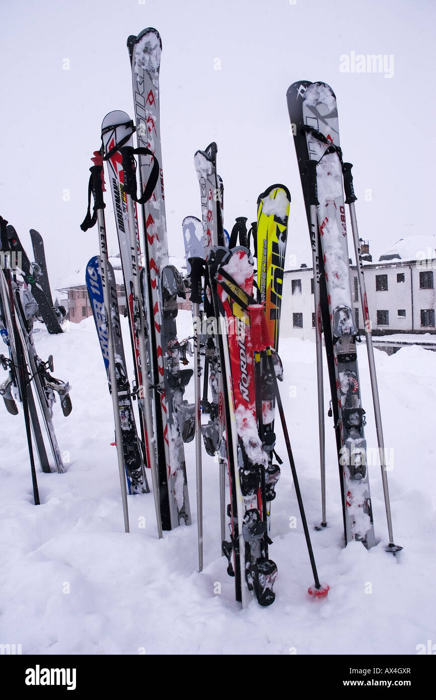 Skis and poles at Passo del Tonale Stock Photo