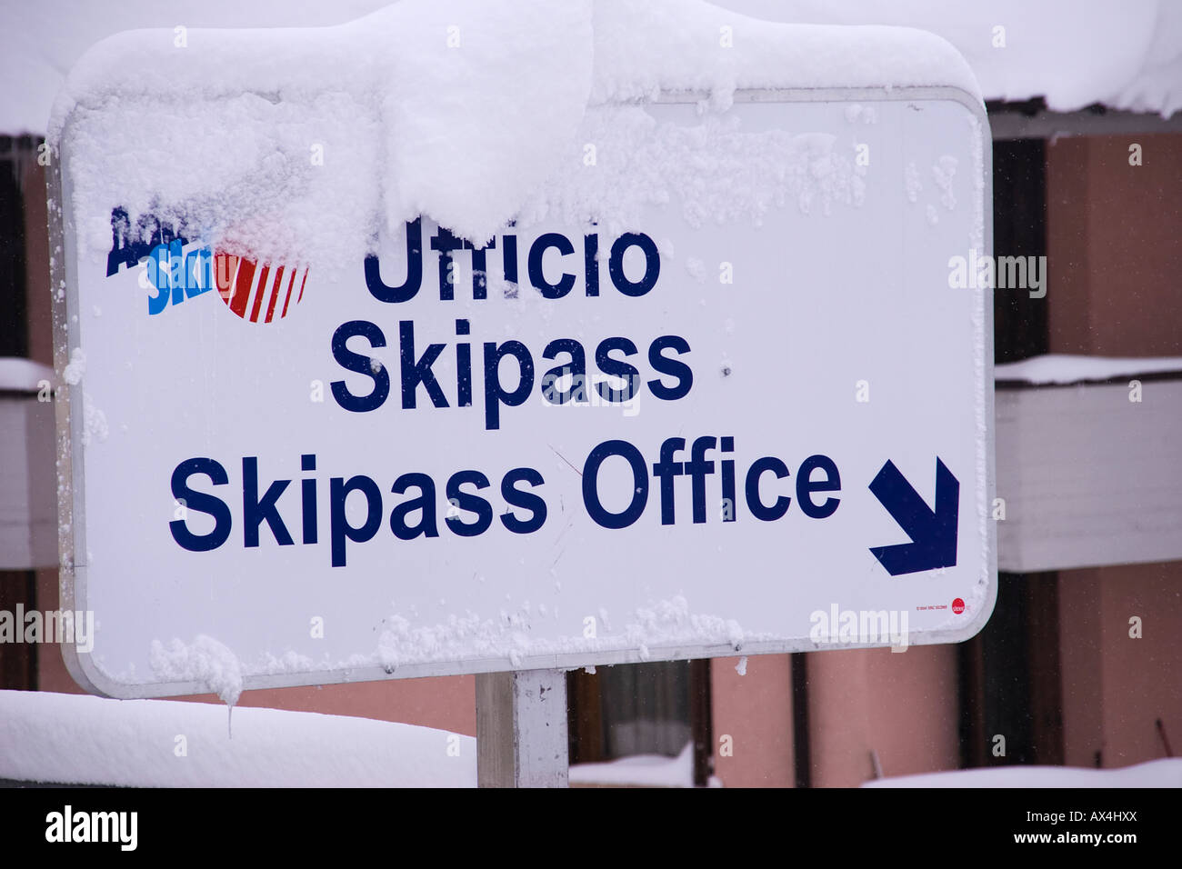 Ski pass office sign Passo del Tonale Stock Photo