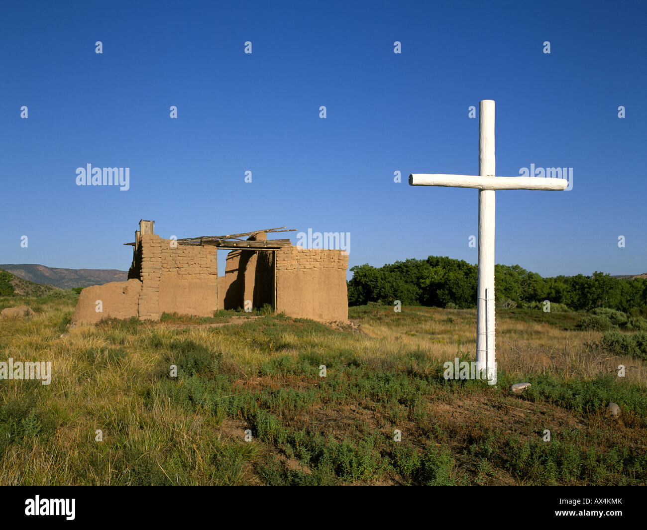 The abandoned ruins of the Santa Rosa de Lima church in northern New Mexico, was an early 18th-century Spanish church in the Rio Chama valley, Stock Photo