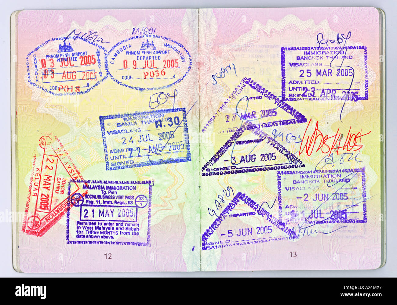 A high res scan of two pages of a British passport with visas for