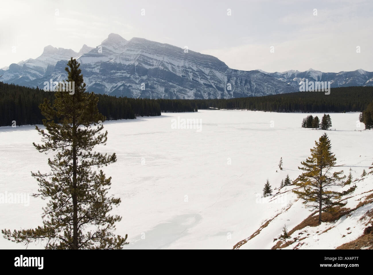 CANADA Alberta Banff Banff National Park Frozen over Two Jack Lake Stock Photo