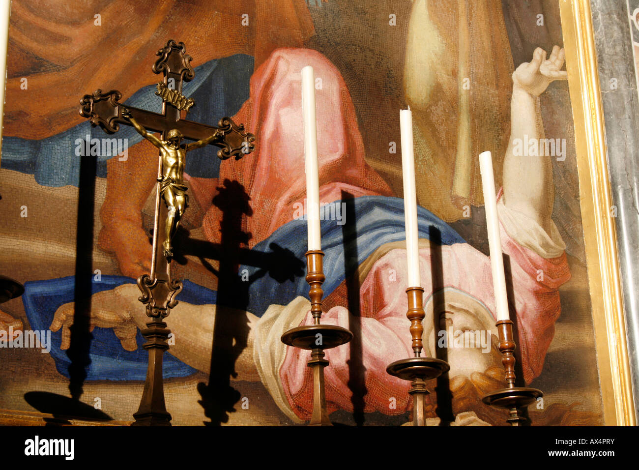 altar painting and cross inside st peter's basilica, rome Stock Photo