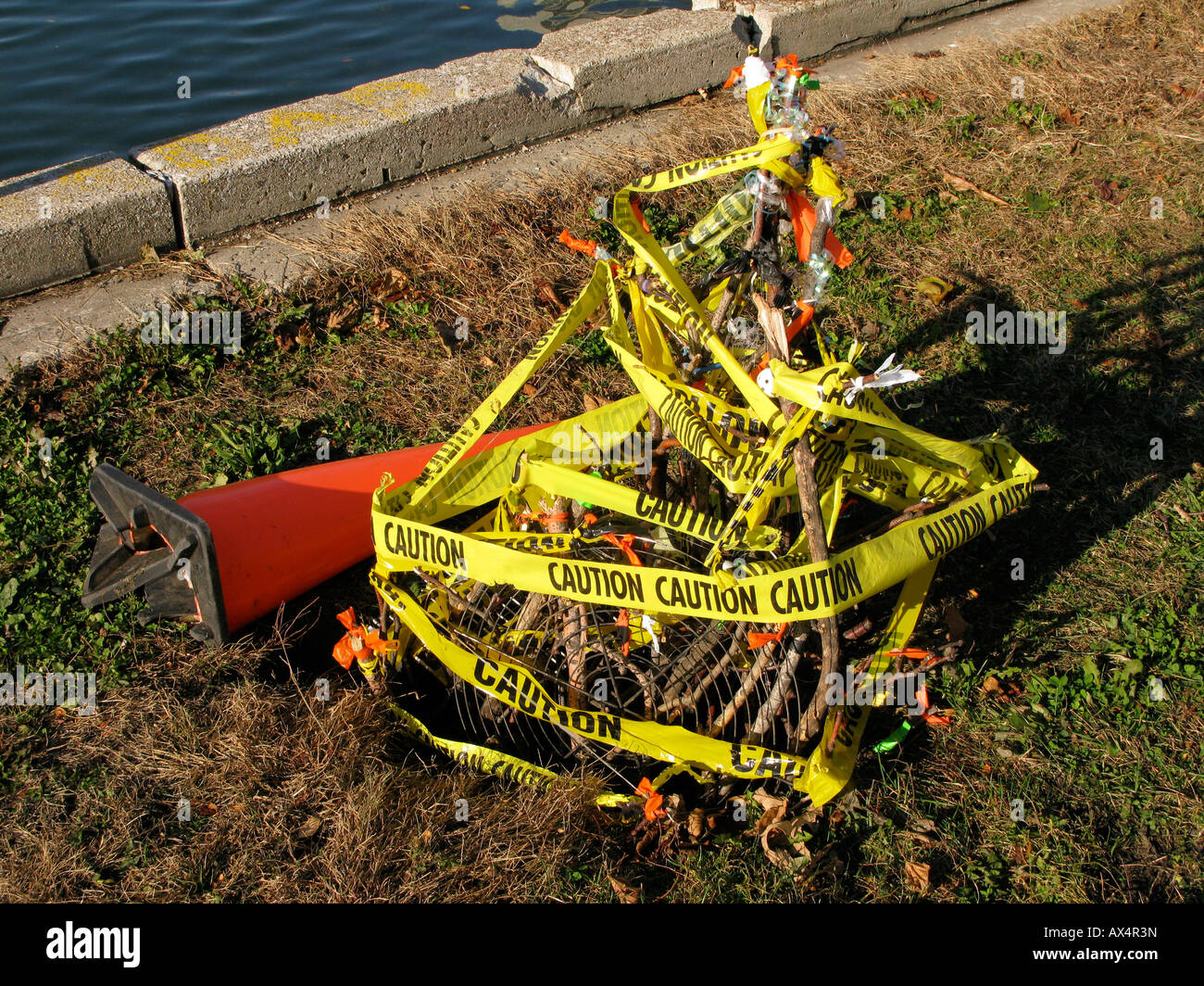 Yellow caution tape around exposed electrical wires Stock Photo Alamy