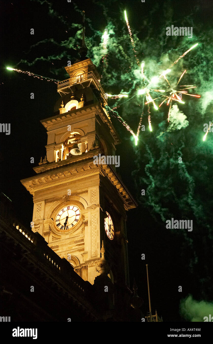 Fireworks and Municipal Chambers Clock Tower Mid Winter Carnival The Octagon Dunedin South Island New Zealand Stock Photo