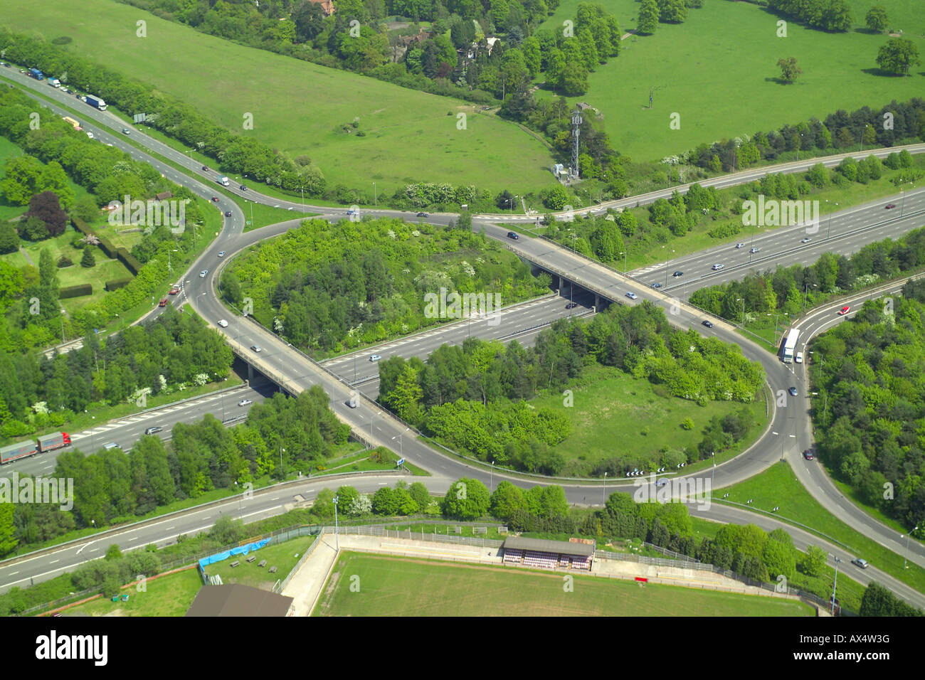 Aerial view of a motorway junction where the M40 junction meets the A355 near Beaconsfield Stock Photo