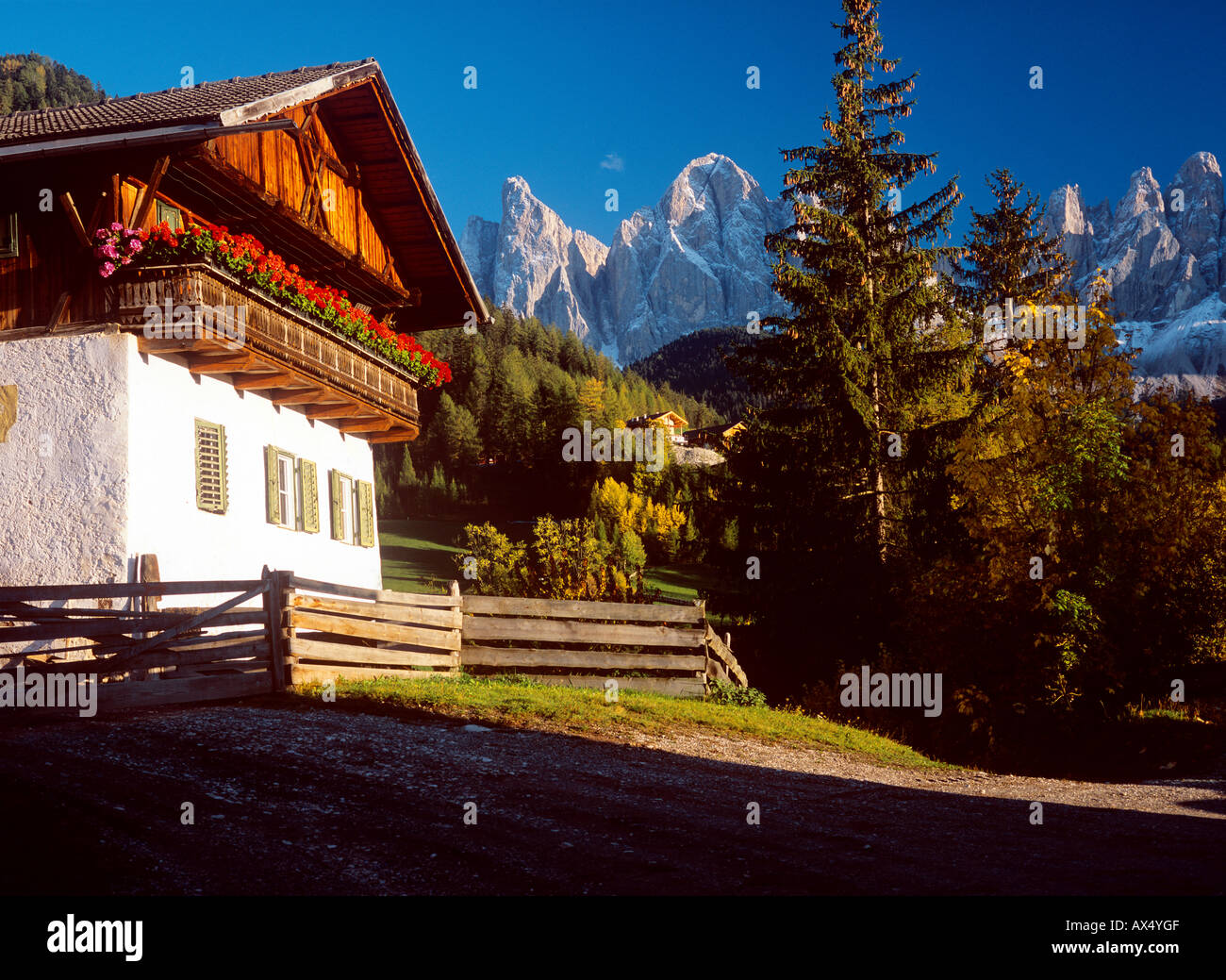 Typical alpine house with red geranium balcony decoration Stock Photo ...
