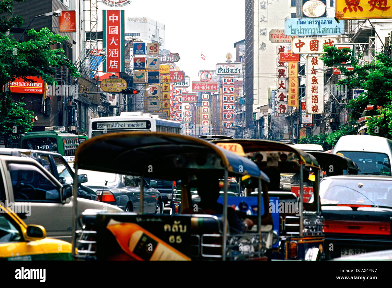 View of a busy street in Chinatown in Bangkok Thailand. Stock Photo