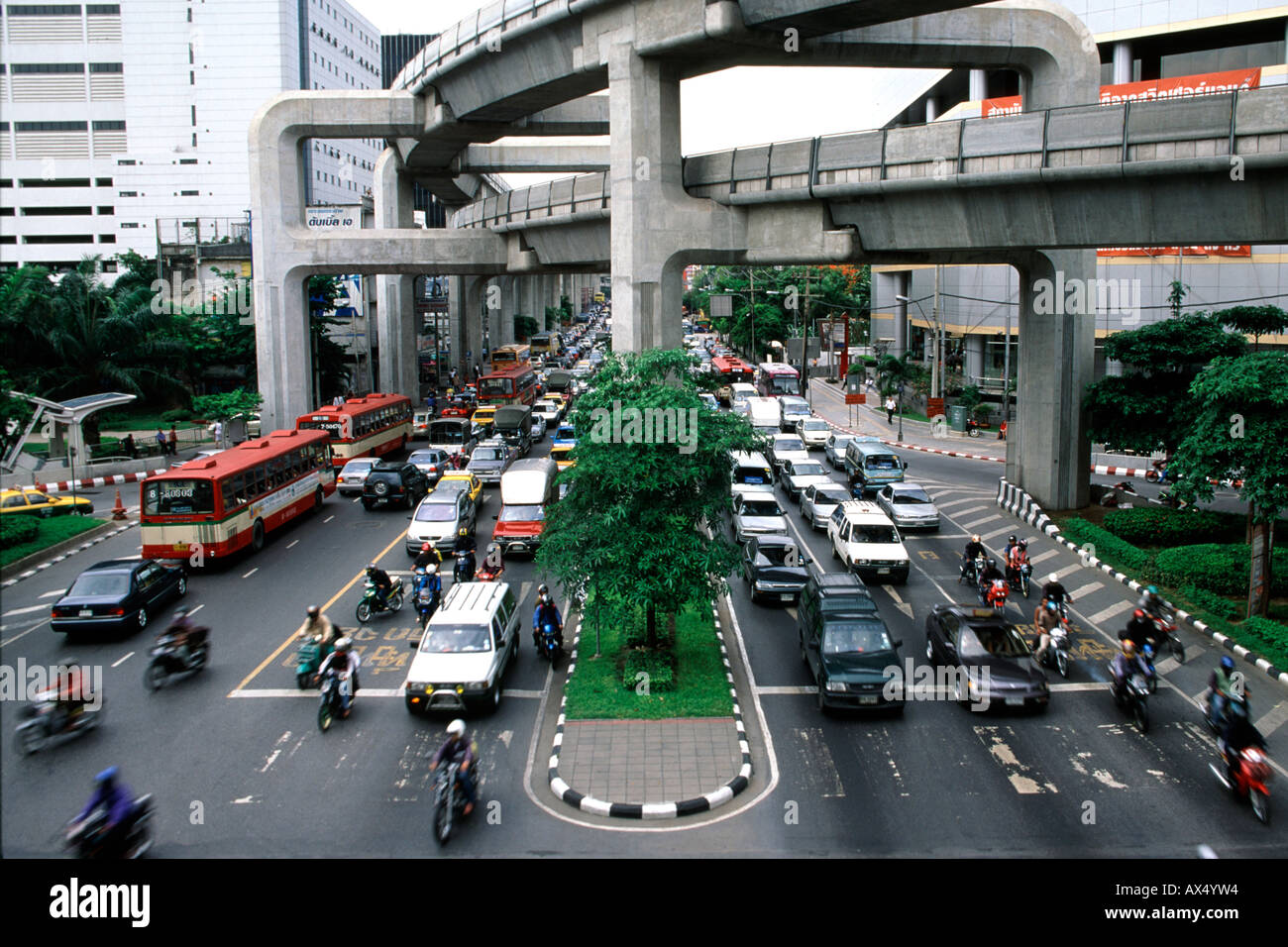 Rail and road traffic in Bangkok Thailand. Stock Photo