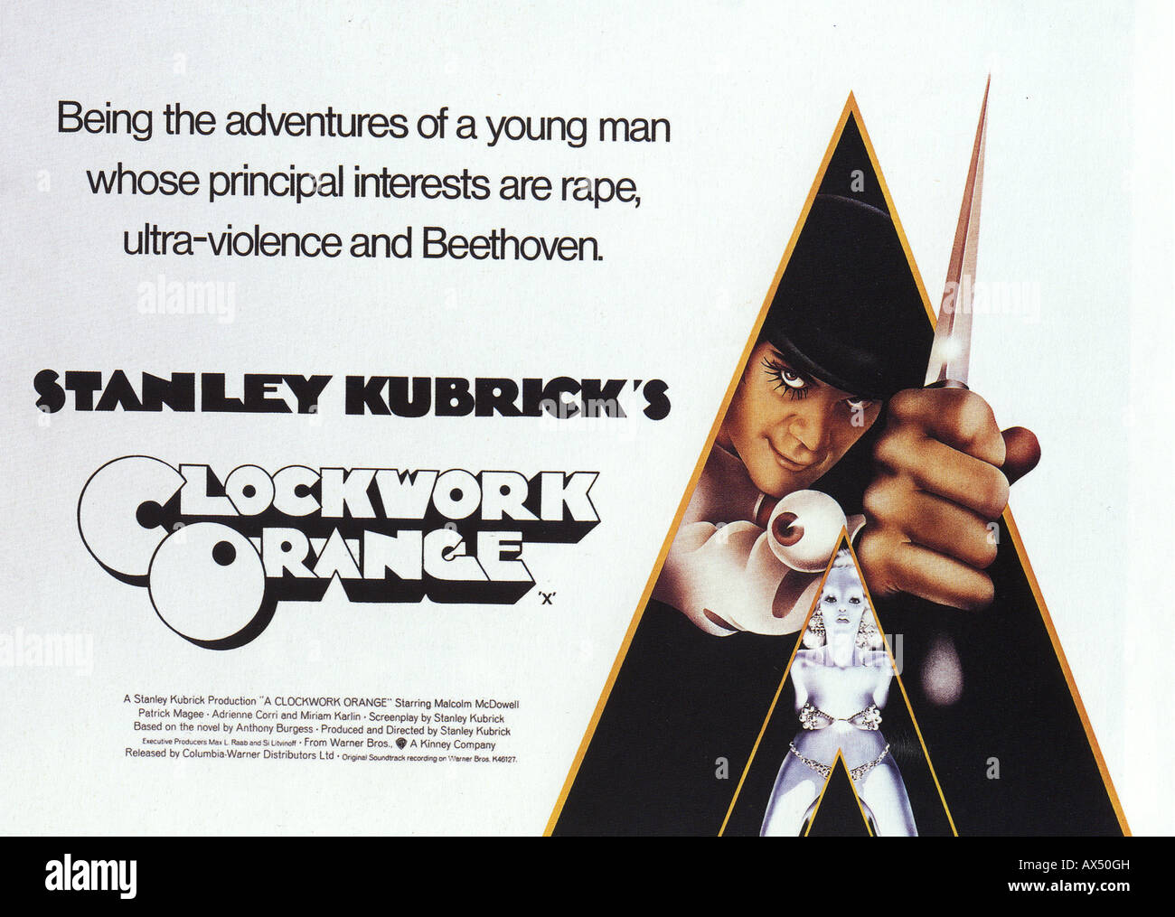 A CLOCKWORK ORANGE poster for 1971 Warner/Polaris film with Malcolm McDowell and directed by Stanley Kubrick Stock Photo