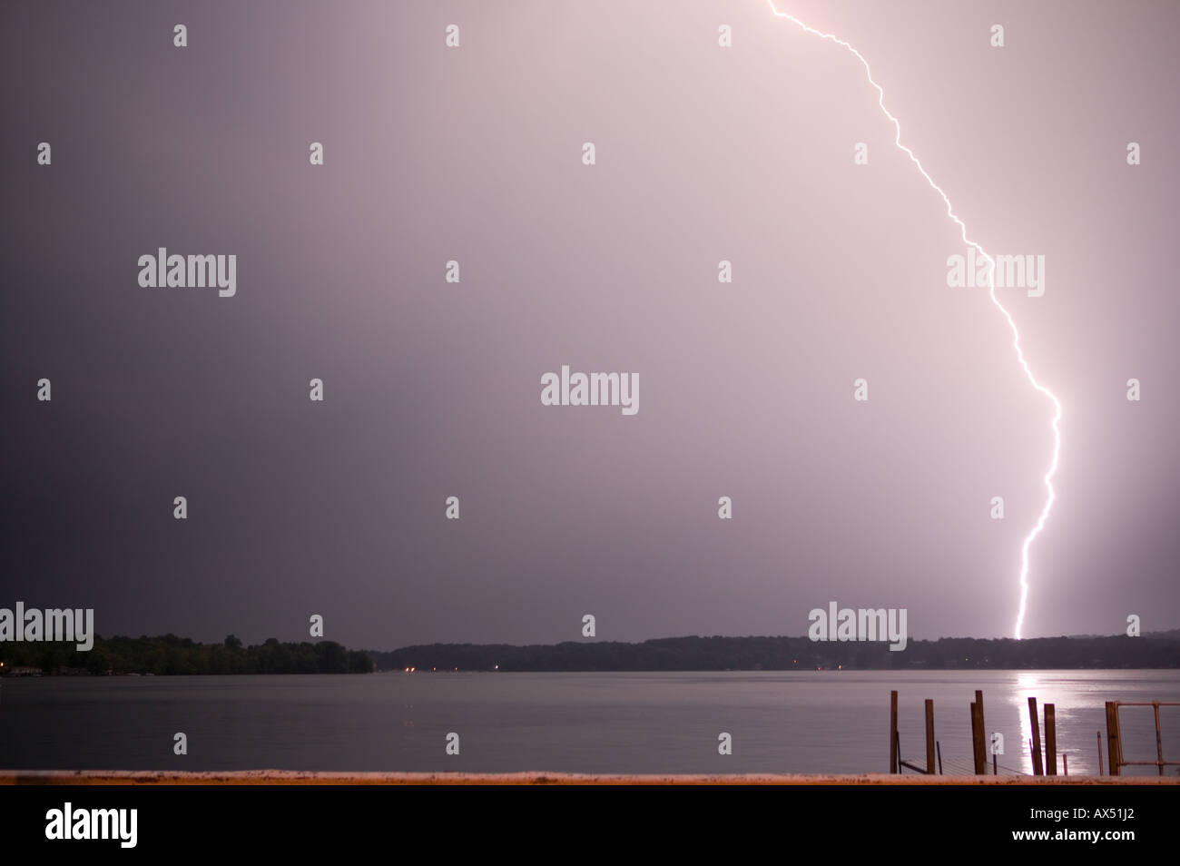 Lightning over Lake Chautaqua seen from Bemus Point New York Stock Photo