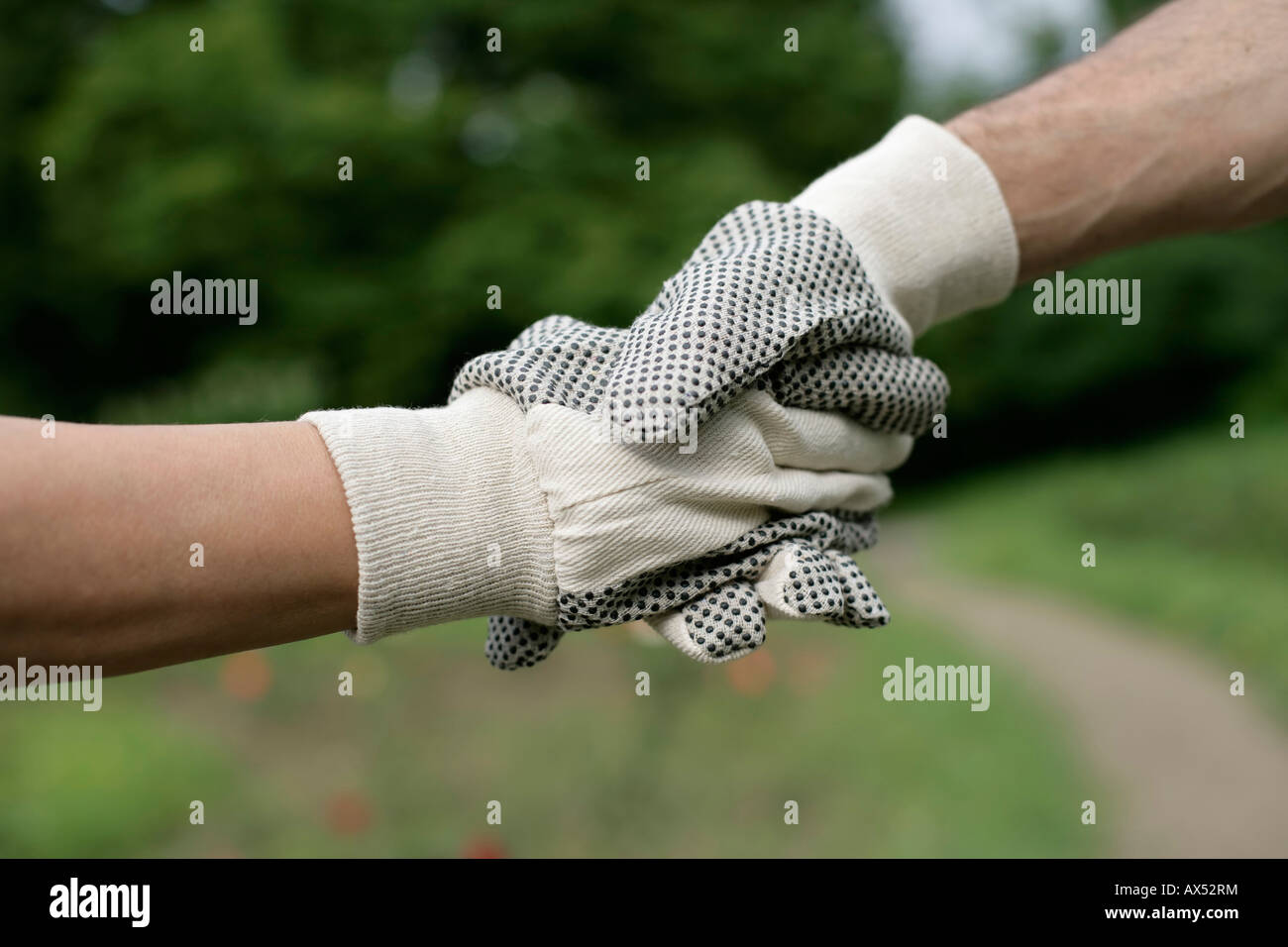 Couple wearing garden gloves, shaking hands Stock Photo Alamy