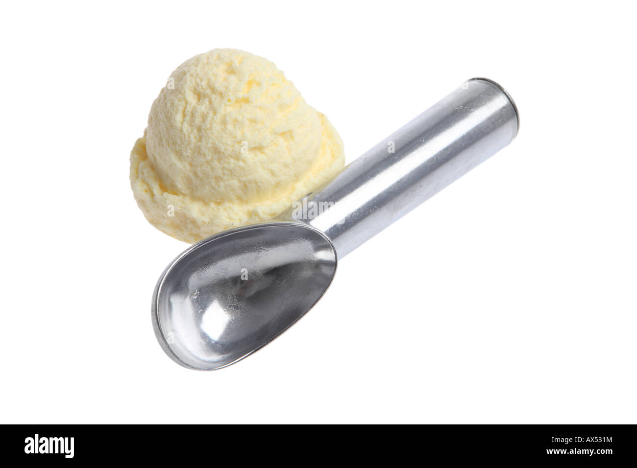Scoop of Ice Cream and Metal Scoop cut out on white background Stock Photo