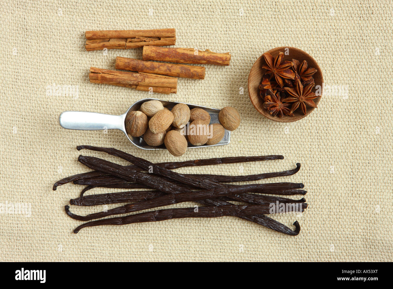Overhead shot of spices Cinnamon Sticks Anise Star Nutmeg and Vanilla Pods Stock Photo