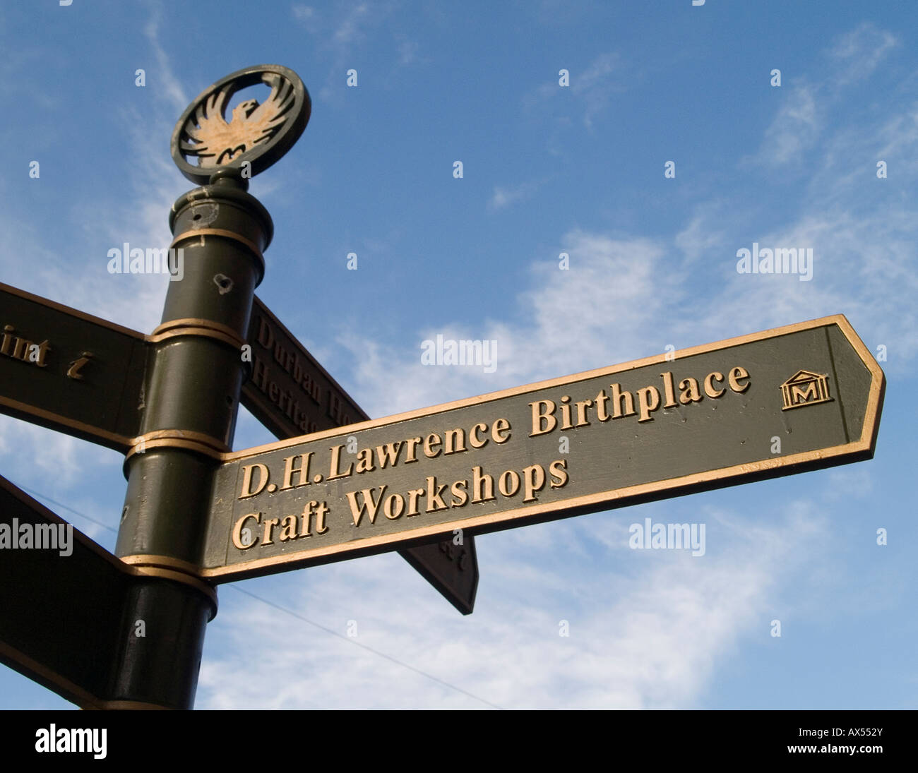 A sign pointing to the DH Lawrence Birthplace Museum in Eastwood, Nottinghamshire East Midlands UK Stock Photo