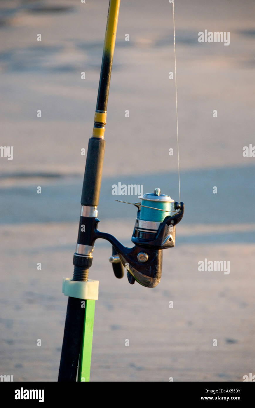 Close up of fishing rod and reel Stock Photo Alamy