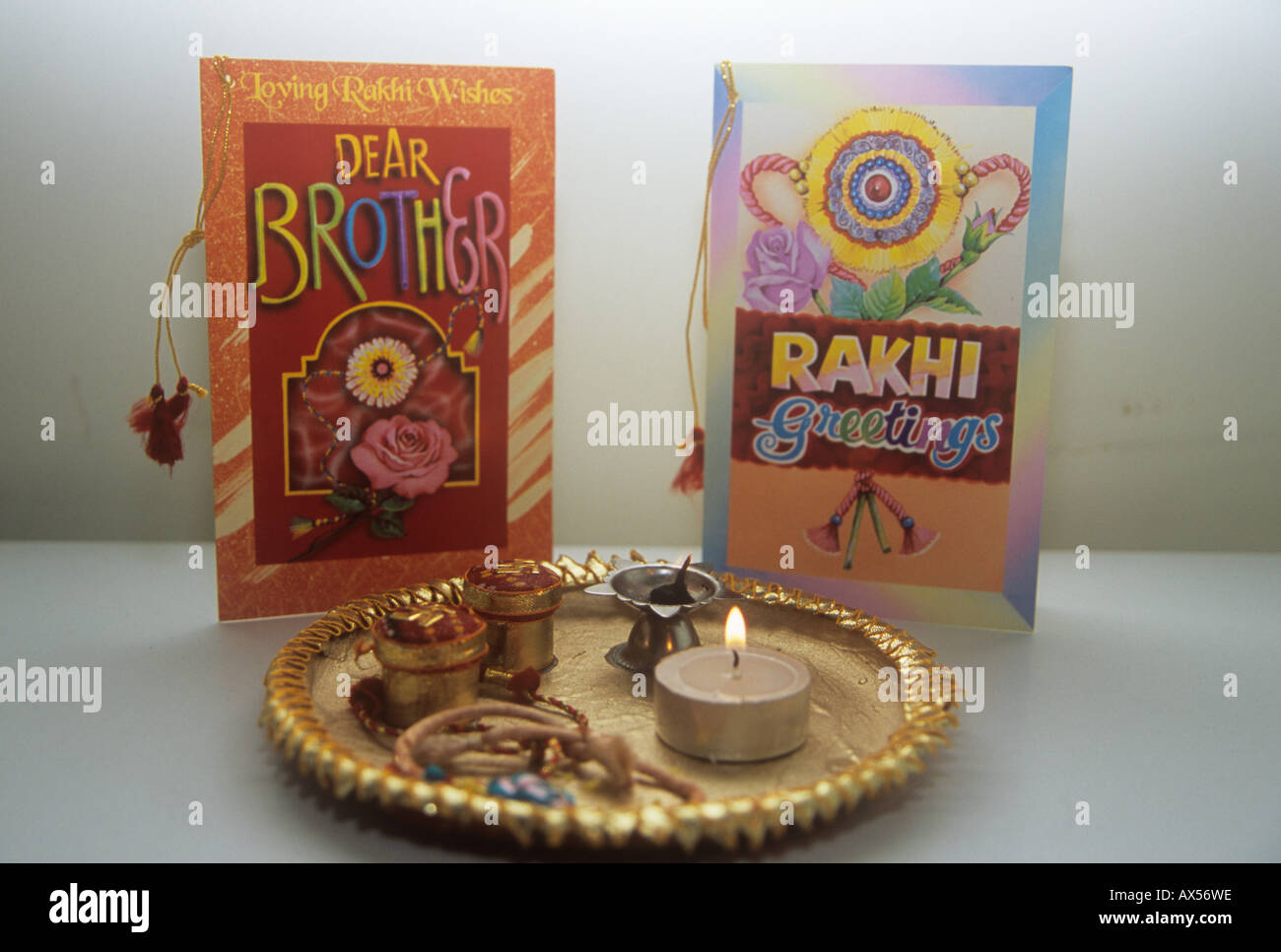 A simple puja tray with greeting cards on the occasion of Raksha Bandan