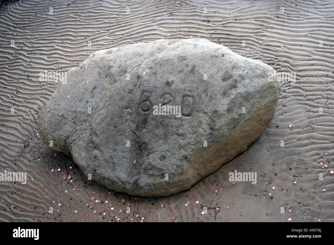 Plymouth Rock where the pilgrims landed in 1620 in Plymouth Massachusetts Stock Photo