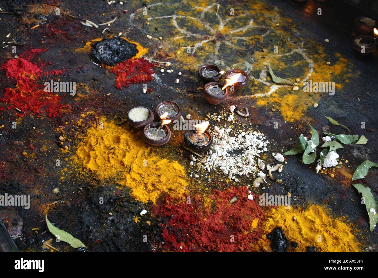 Pooja of sindur power and divas at a temple offering puja to Mariamman ( Kali ) , Madurai , South India Stock Photo