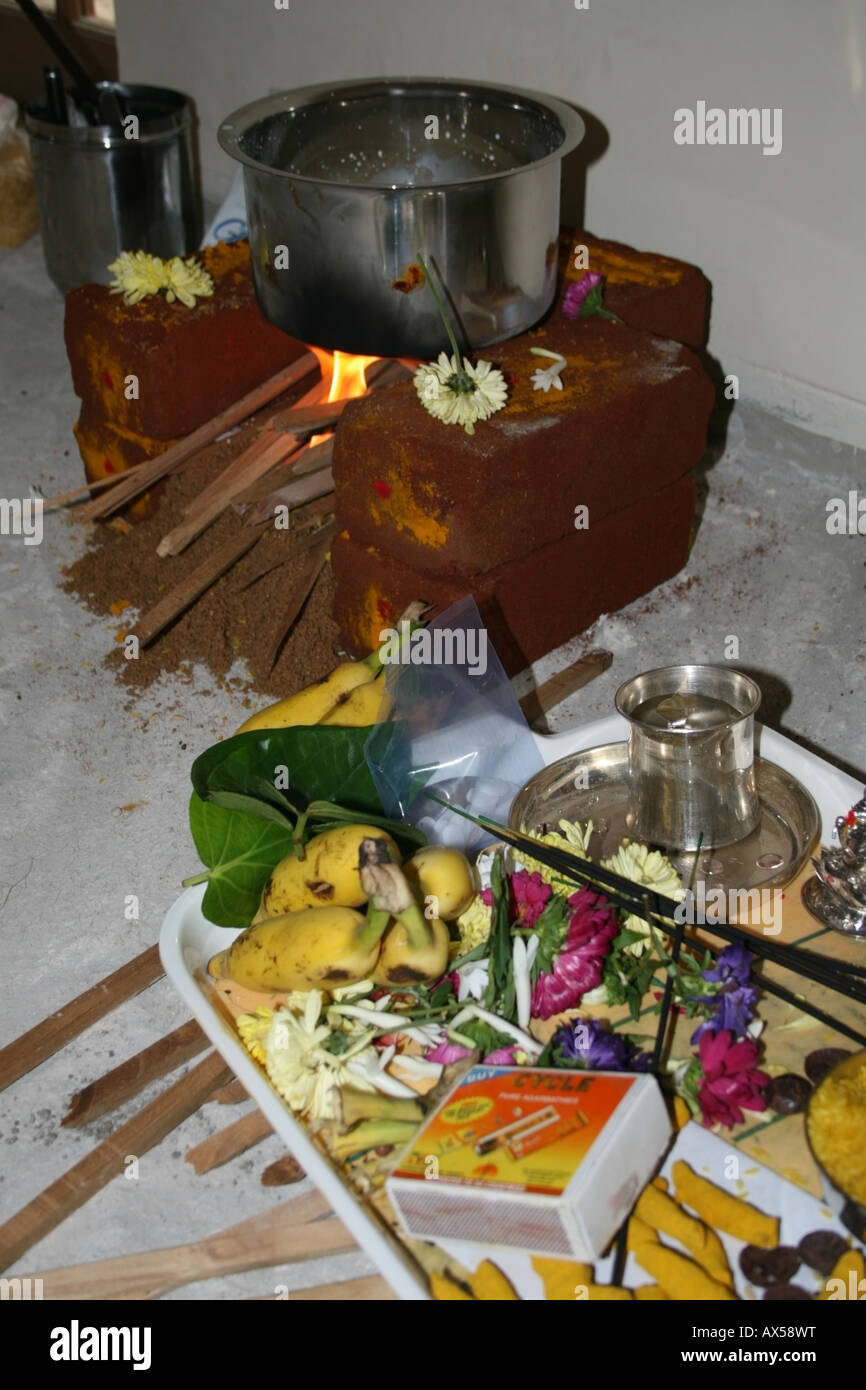 Milk about to boil over , Sign of prosperity , Vaastu pooja ceremony , India Stock Photo