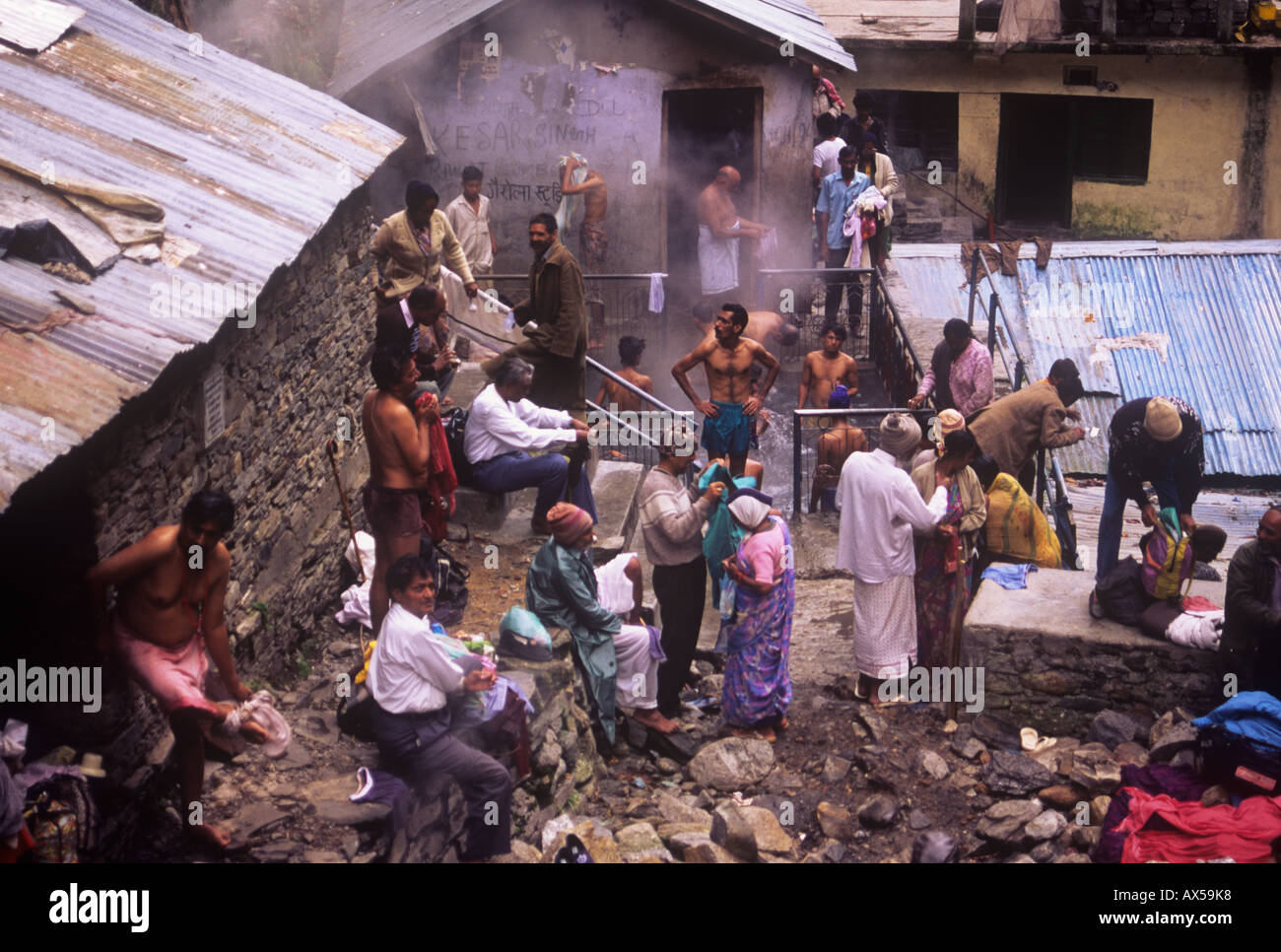 Hindu pilgrims bathe in the hot springs near Yamunotri Temple in the