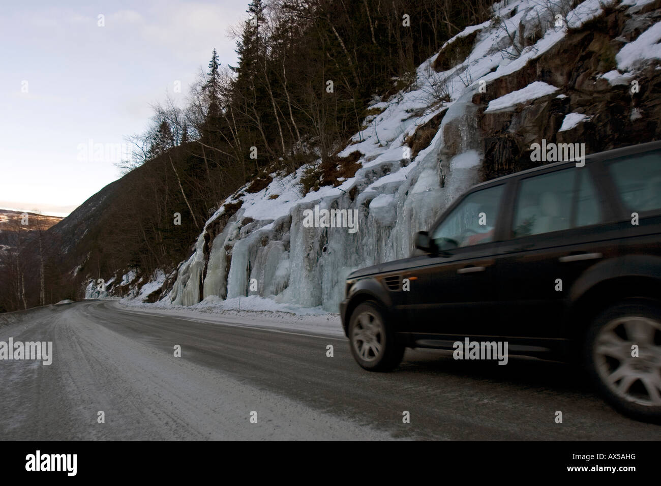 Four wheel drive on mountain pass, Rjukan, Norway Stock Photo