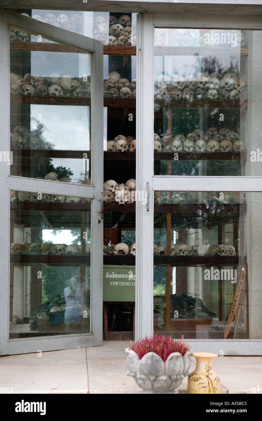 Skulls of the Khmer Rouge s victims at the Killing Fields Memorial of Choeung Ek near Phnom Pehn Cambodia Asia Stock Photo