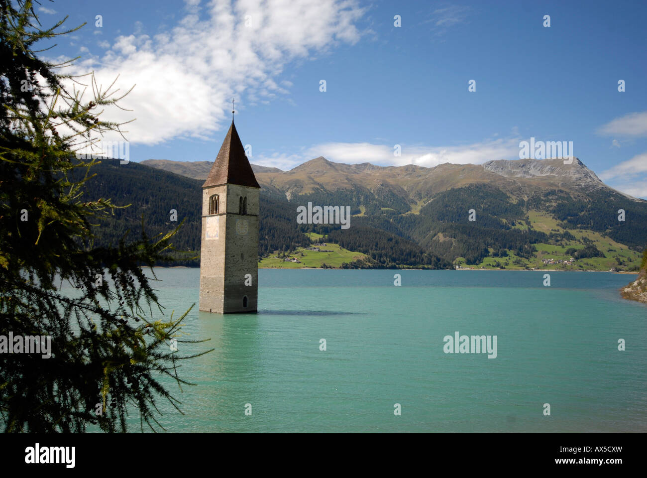 The church tower of Lago di Resia , Val Venosta,sudtirol. Italian alps Stock Photo