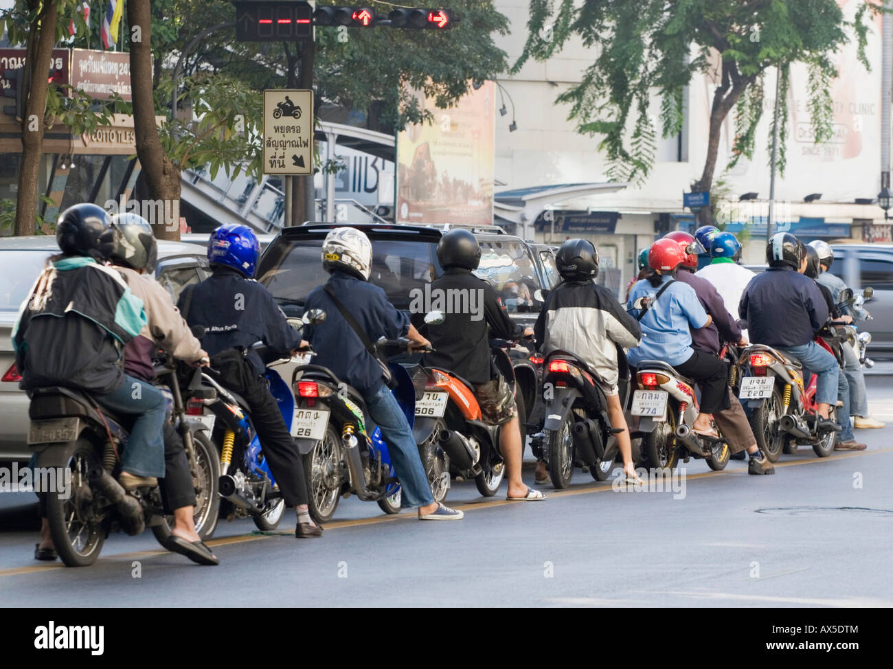 Waiting drivers on their bikes, Thailand Stock Photo