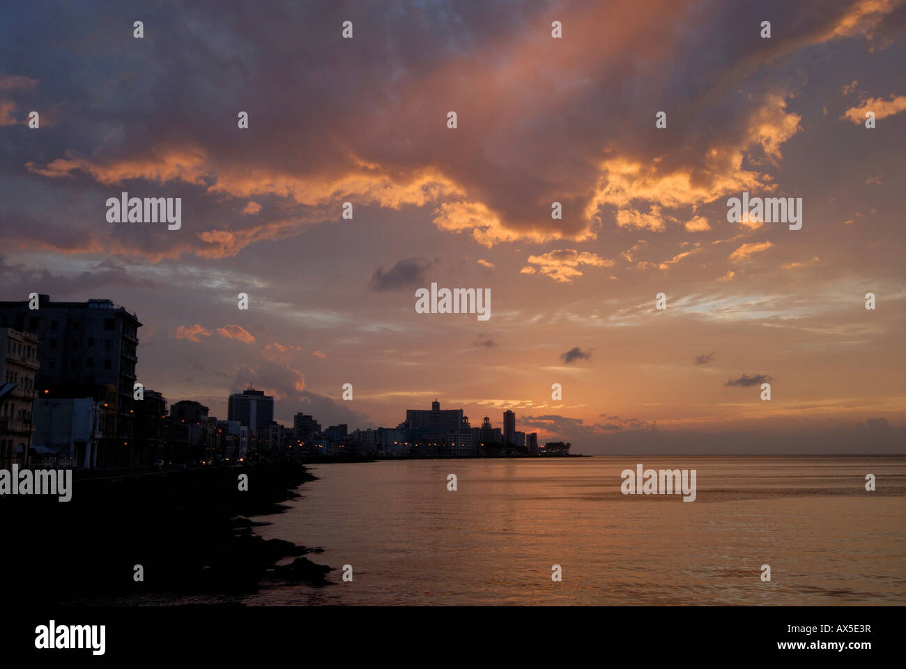 The Havana skyline at sunset, Malecón, Havana, Cuba, Caribbean Stock Photo