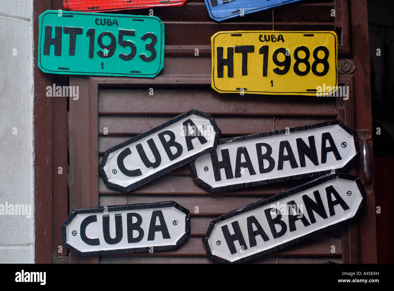 Souvenirs, licence plates and door signs, Havana, Cuba Stock Photo