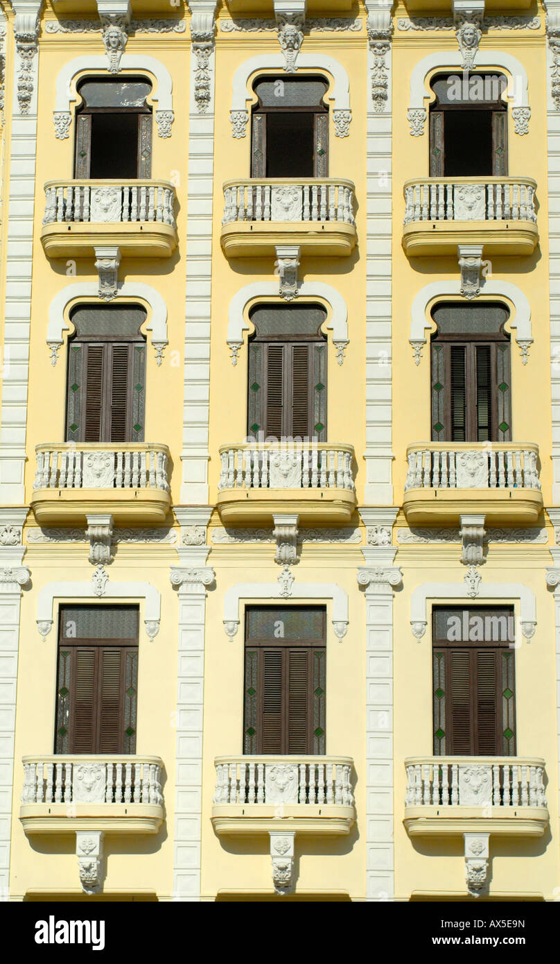 Colonial-style facade, windows and balconies in the old part of Havana, Cuba Stock Photo