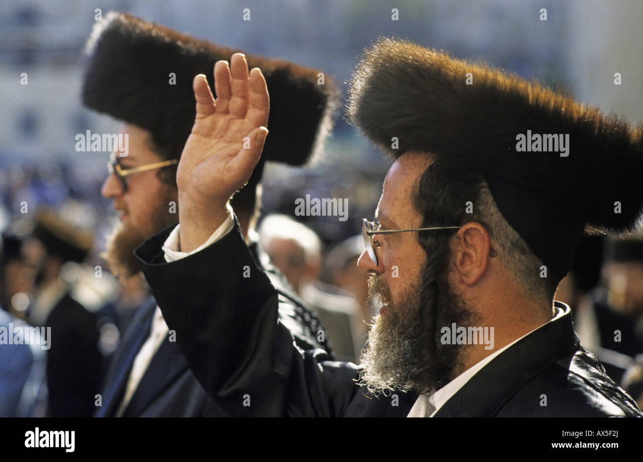 Orthodox Jews wearing shtreimel, Wailing Wall, Jerusalem, Israel Stock Photo