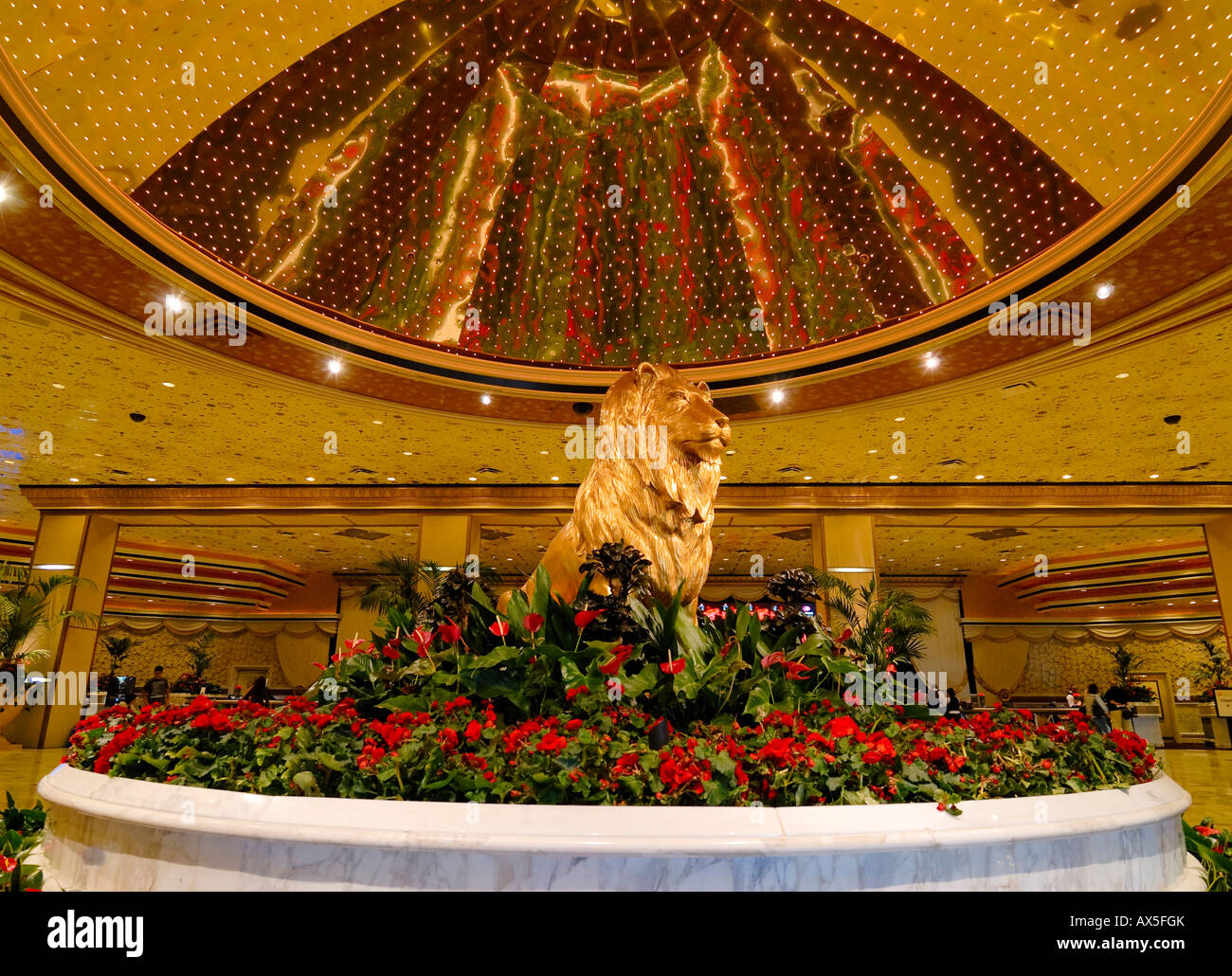Golden lion under a gilded dome in the lobby of the MGM Grand Hotel, Strip, Las Vegas Boulevard, Las Vegas, Nevada, USA, North  Stock Photo