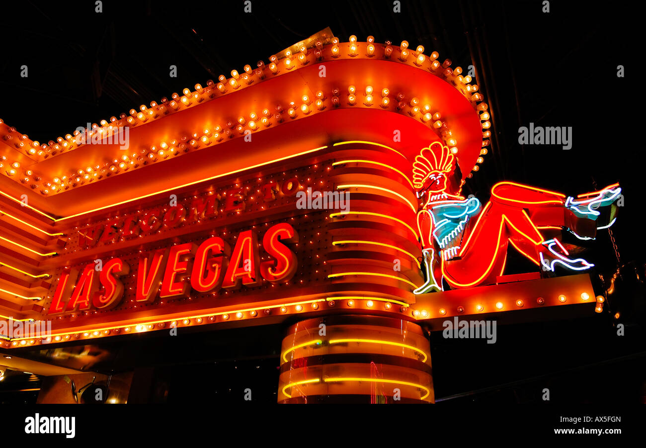 Neon advertising, MGM Grand Hotel, Strip, Las Vegas Boulevard, Las Vegas, Nevada, USA, North America Stock Photo