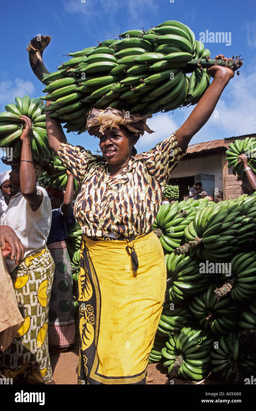 Woman carries a bunch of cooking bananas on her head to a market, Mwika, Kilimanjaro region, Tanzania Stock Photo