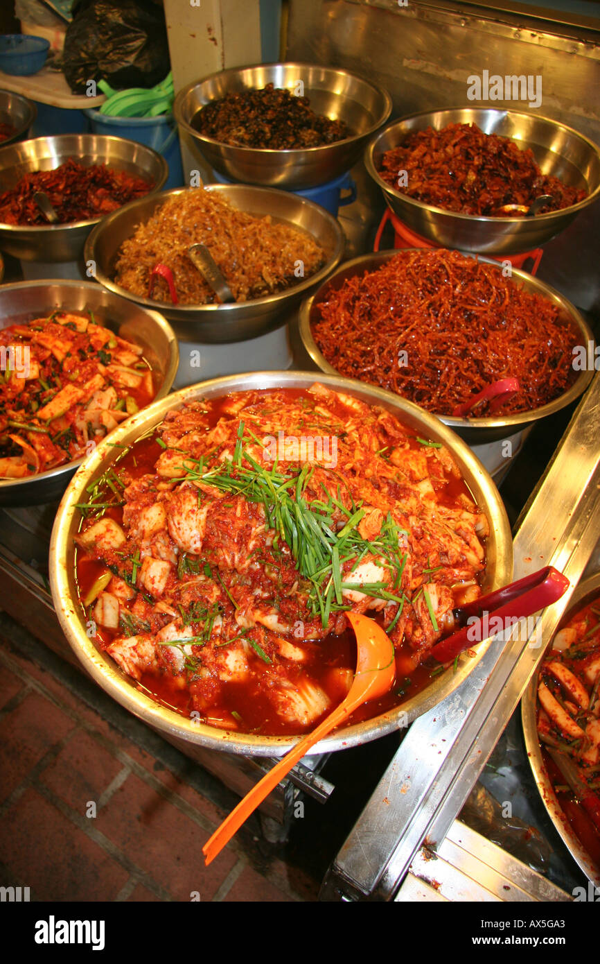 Kimchi spicy pickled cabbage for sale at a market in Kyeongju, Korea