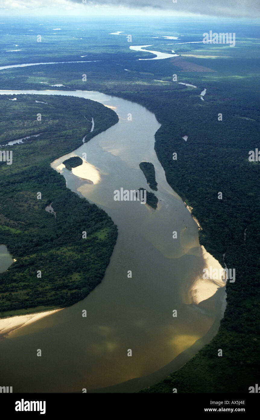 Araguaia River, Amazon, Brazil. Aerial view; river, tributary with ...