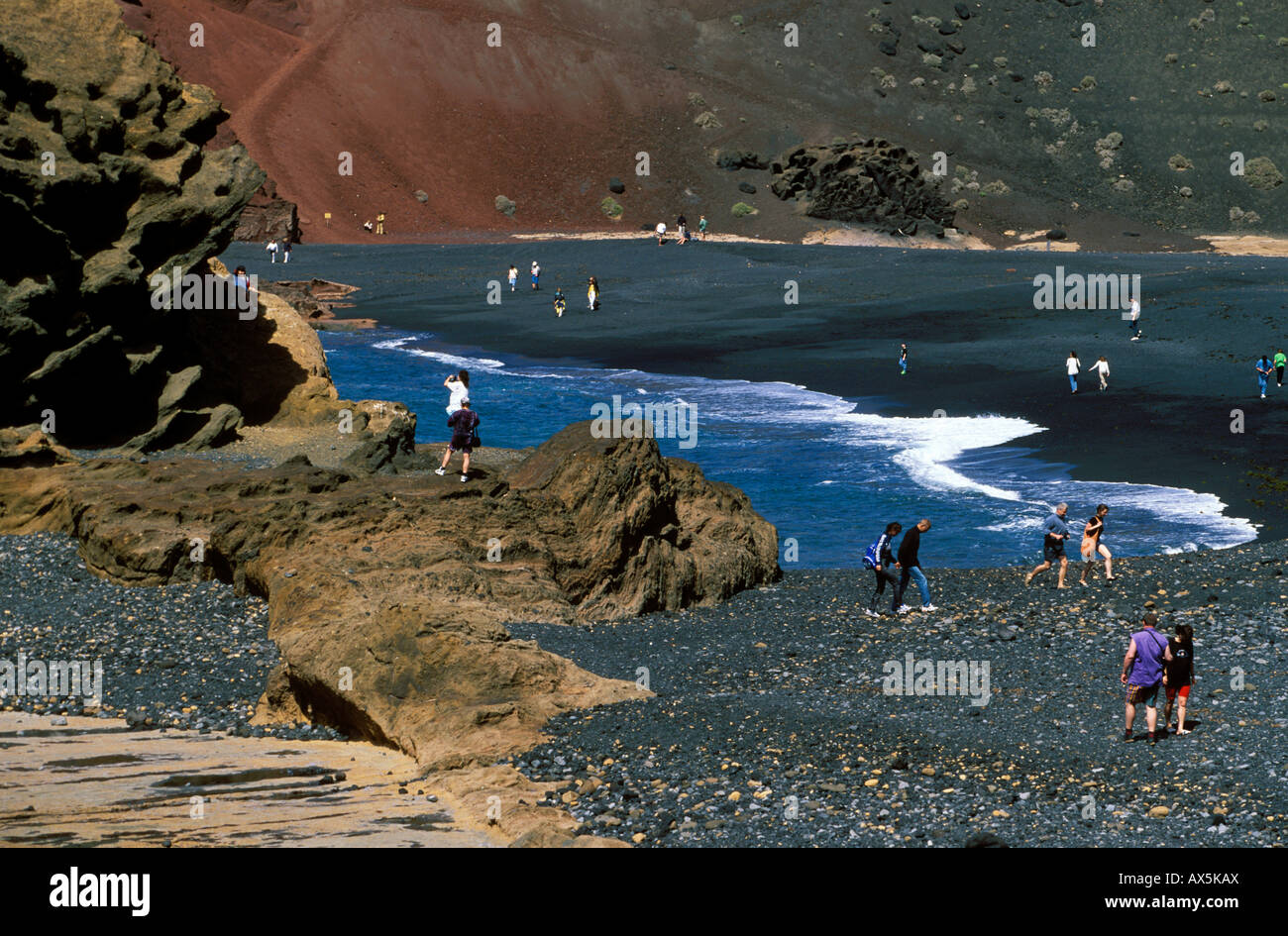 Tourists at El Golfo Crater, Lanzarote, Canary Islands, Atlantic Ocean, Spain, Europe Stock Photo