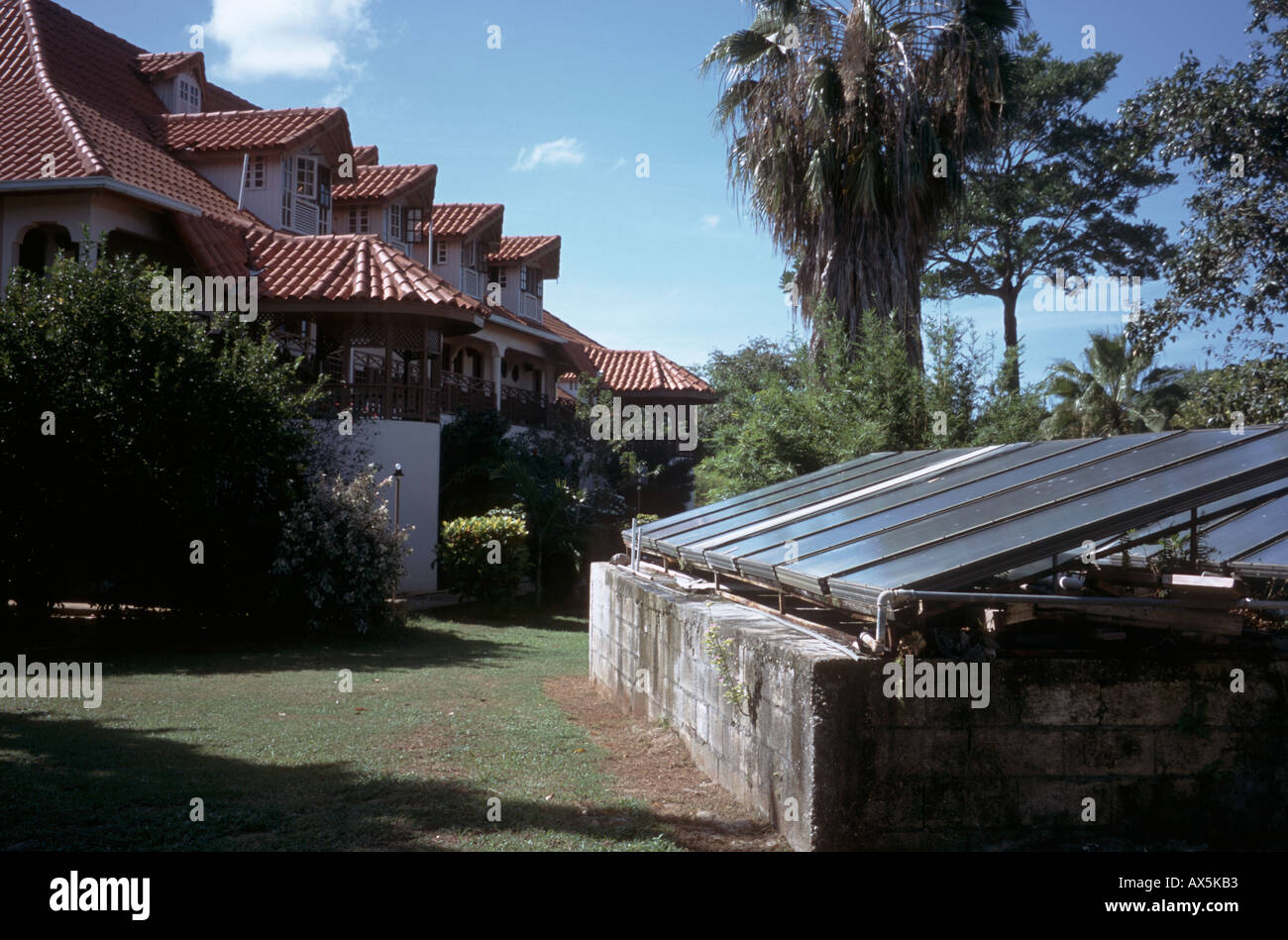 Negril, Jamaica. Solar water heating panels at a tourist hotel. Stock Photo