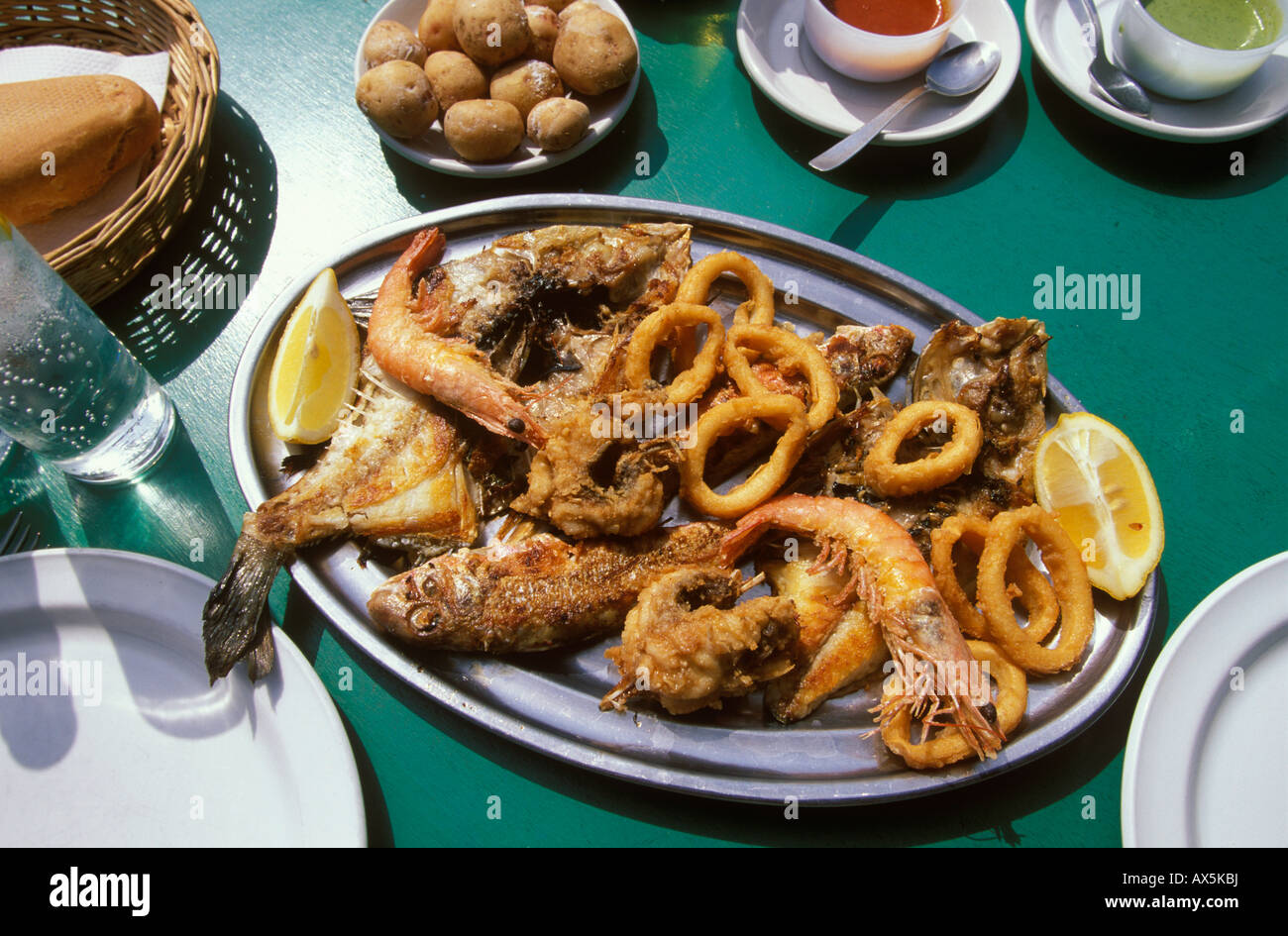 Parillada de Pescado, grilled fish platter, El Golfo, Lanzarote, Canary Islands, Atlantic Ocean, Spain, Europe Stock Photo