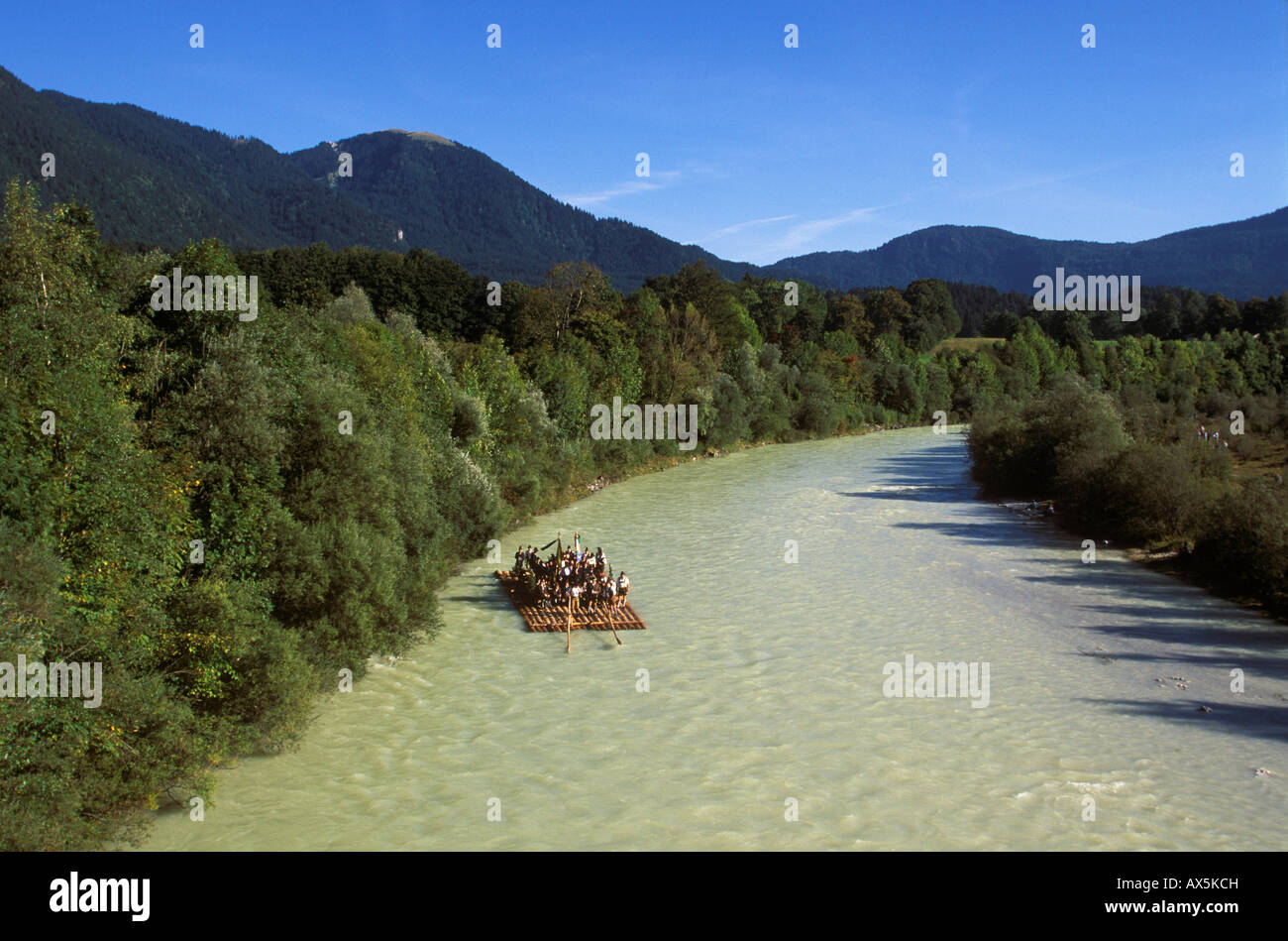 Raft travelling down the Isar River near Lenggries, Upper Bavaria, Bavaria, Germany, Europe Stock Photo