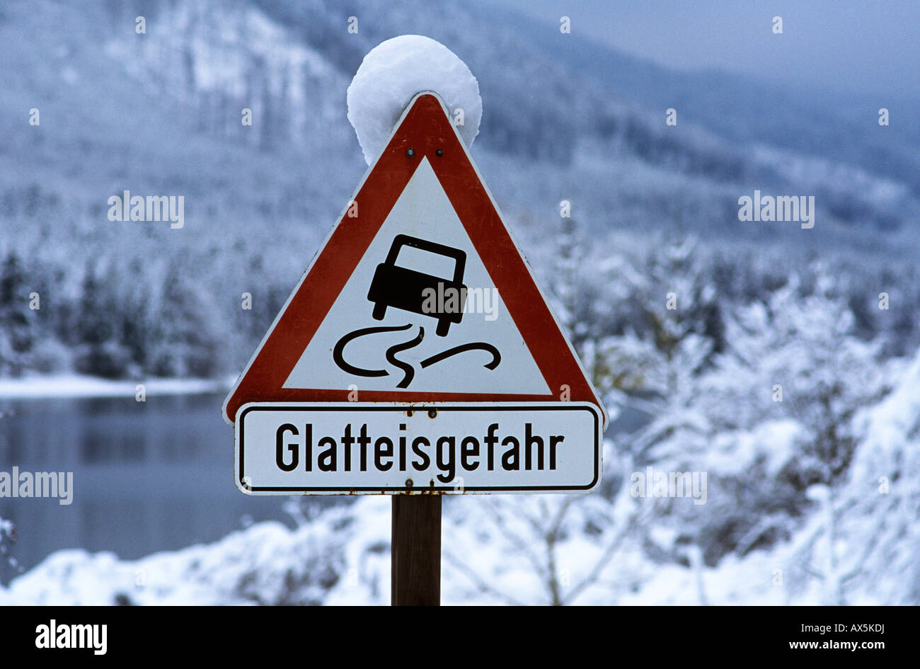 Traffic sign, danger of black ice, Lake Walchensee, Bavaria, Germany, Europe Stock Photo