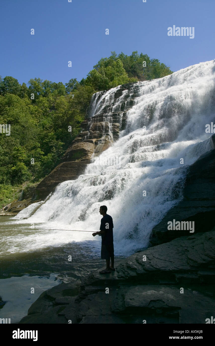 Boy fishing Ithaca Falls New York Finger Lakes region Stock Photo - Alamy